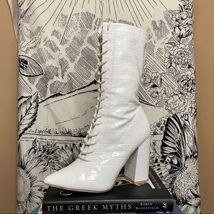 White Chunky Heel Lace Up Boots
